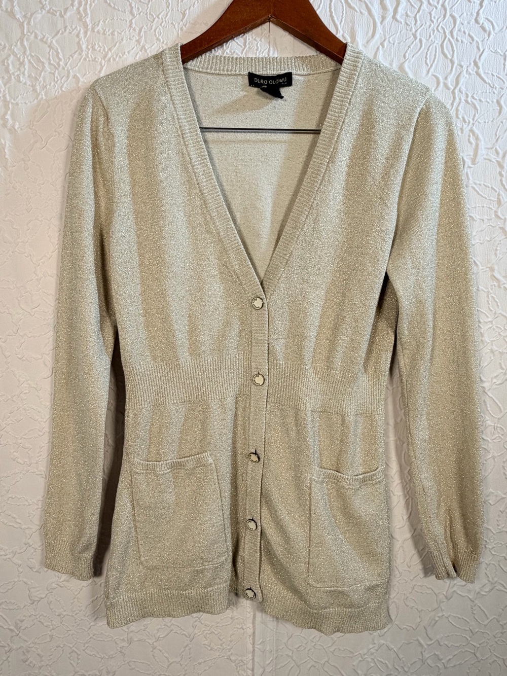 Vintage Duro Olowu Metallic Sparkle Gold Button Front Cardigan Sz M
